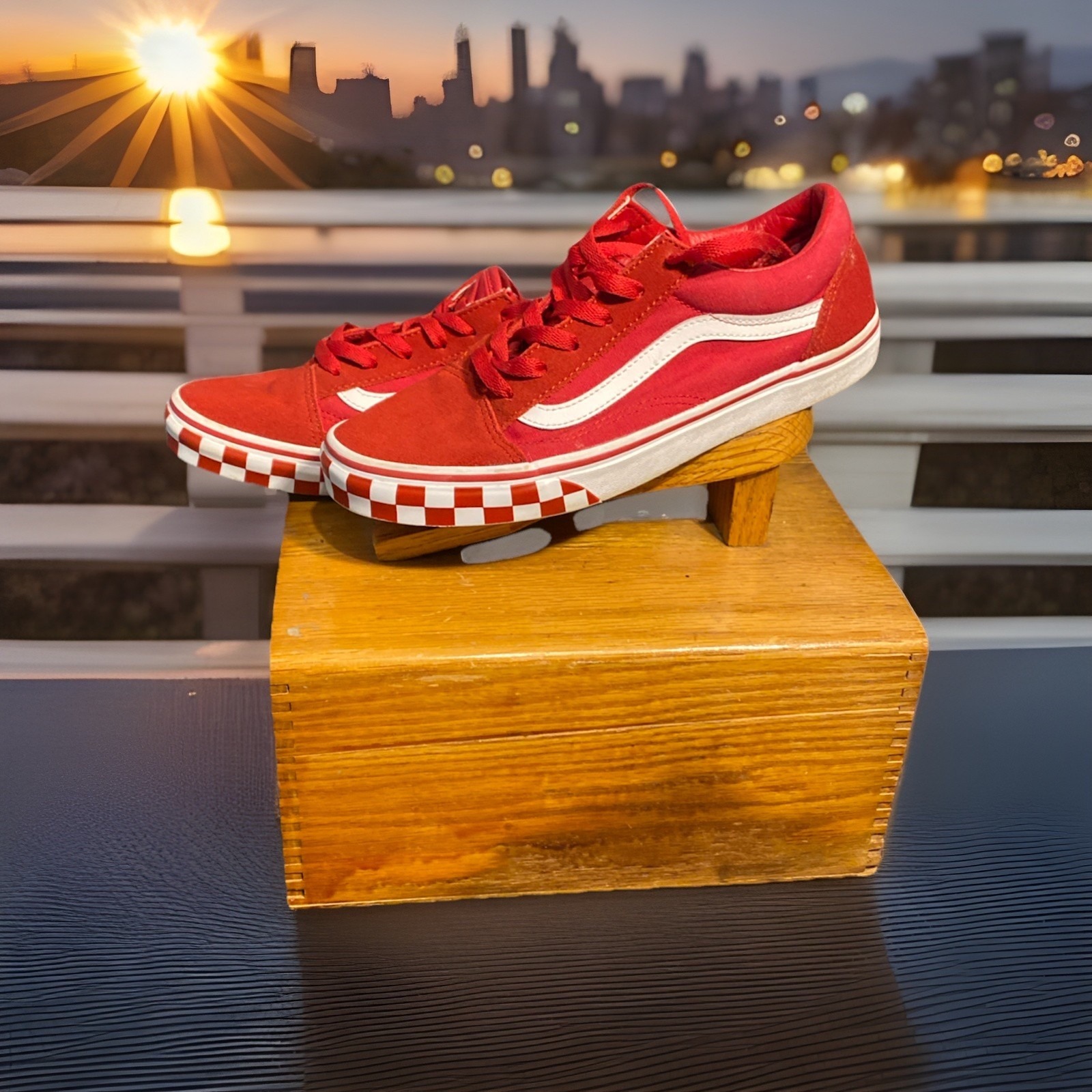 Vans Off The Wall Old Skool Juniors Girls Red Sneakers Shoes 6.5 Checker Skate